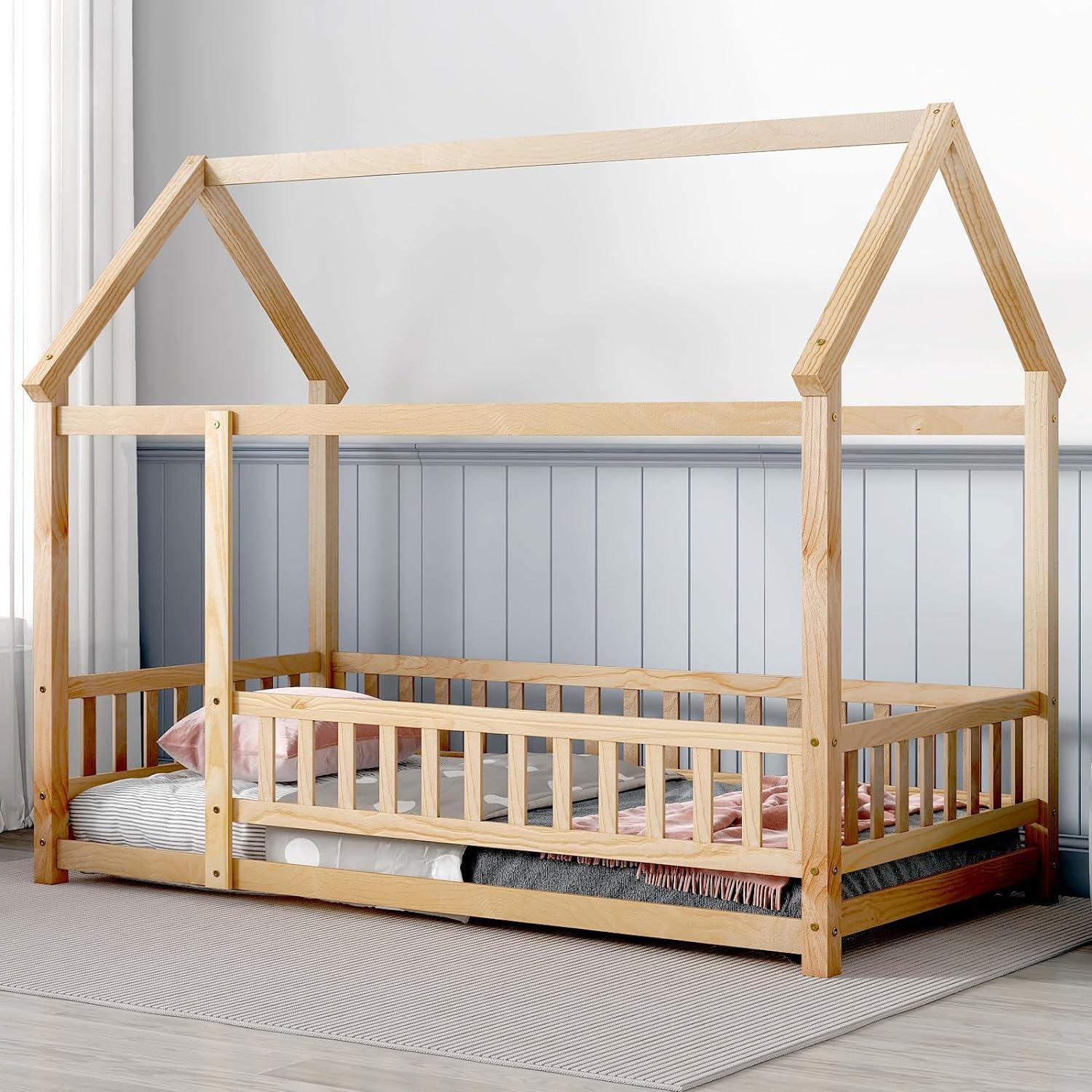 Montessori Tatub Twin House Floor Bed With Rails Natural