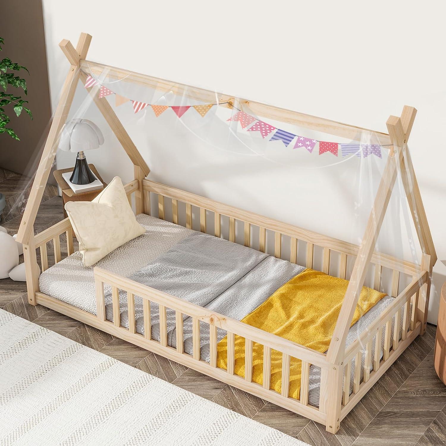 Montessori Tatub Twin Teepe Floor Bed Frame With Railings Without Door Natural
