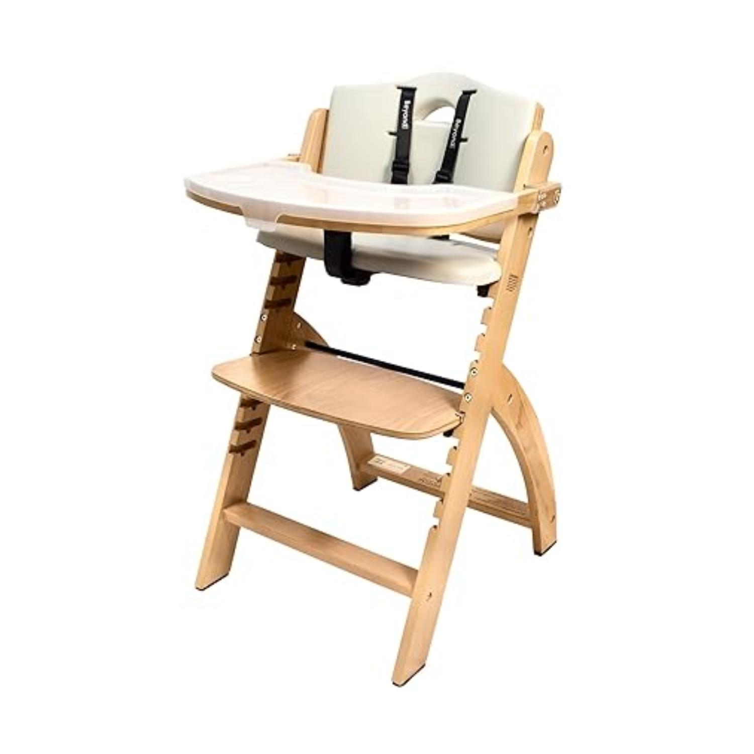 Montessori Abiie Beyond Junior Convertible Wooden High Chair Natural Wood Dove Grey Cushion