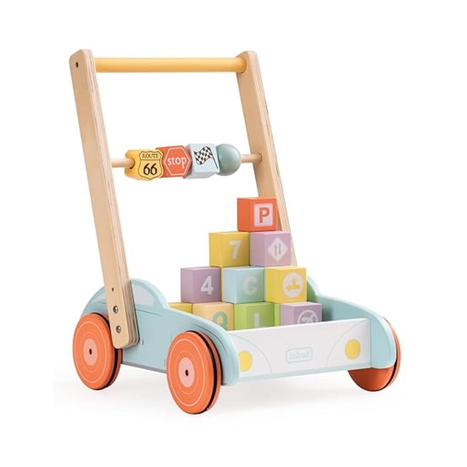 Montessori ROBUD Wooden Baby Walker With Adjustable Resistance and Building Blocks Blue
