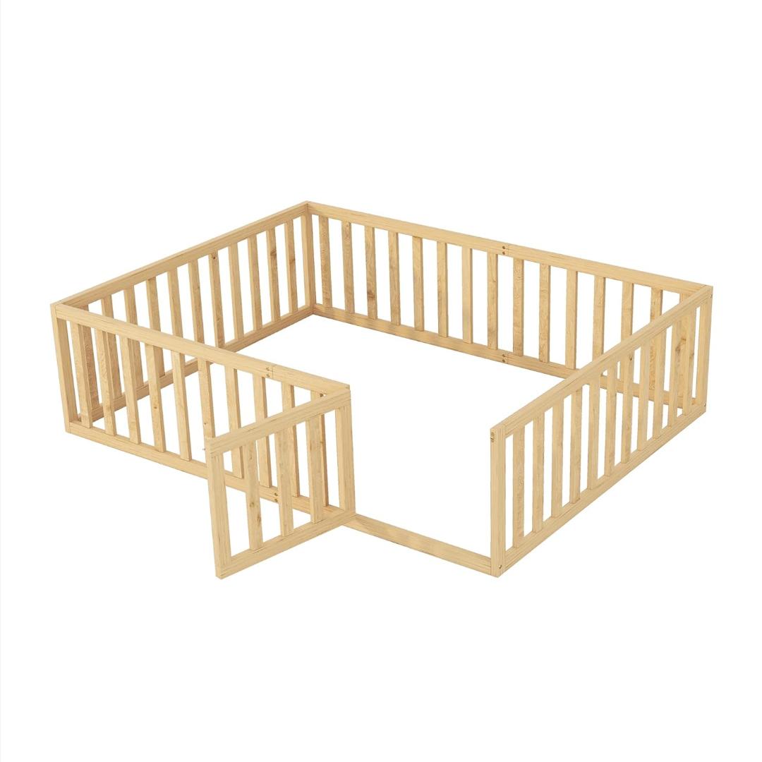 Montessori Merax Queen Size Floor Bed With Fence and Door Natural