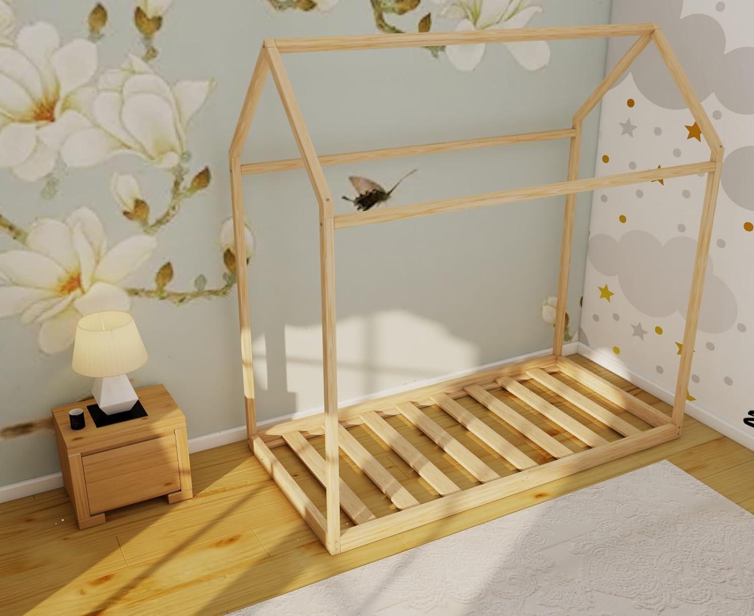 Montessori Wood and Montessori House-Shaped Queen Floor Bed With Slats