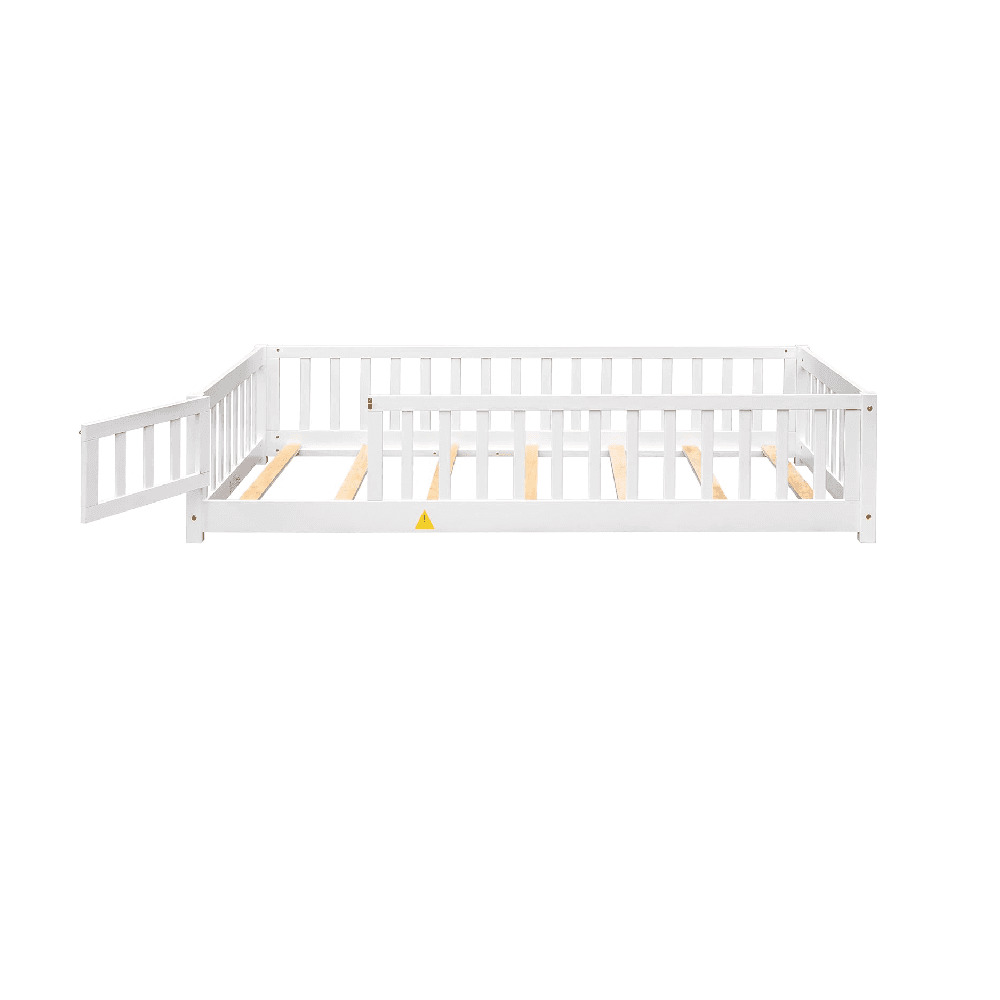 Montessori Meritline Twin Size Floor Bed Frame With Fence Railings, Door, and Slats White
