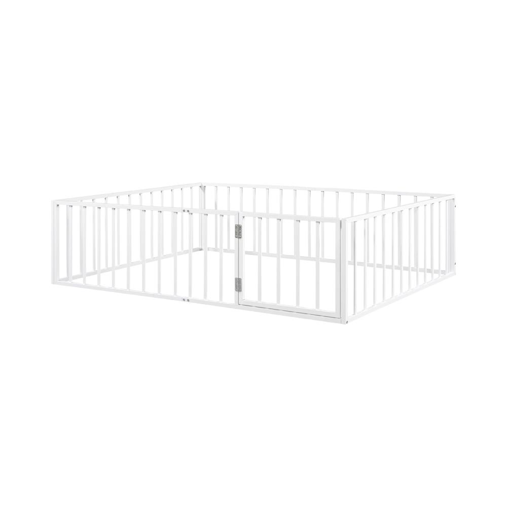 Montessori Harper &amp; Bright Designs Queen Size Floor Bed With Rails, Fence, and Door Gray Metal White