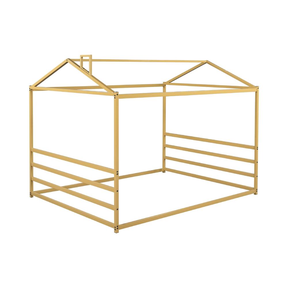 Montessori Merax Queen Size Metal House Bed with Roof Gold