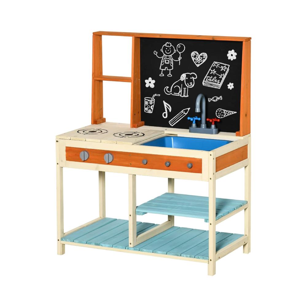Montessori Qaba Wooden Kitchen Playset With Chalkboard, Removable Sink, and Storage Shelves