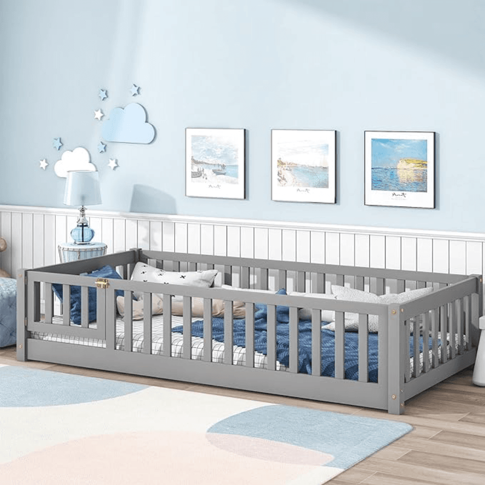 Montessori Tatub Twin Size Floor Bed With Safety Guardrails, Slats, and Door Gray
