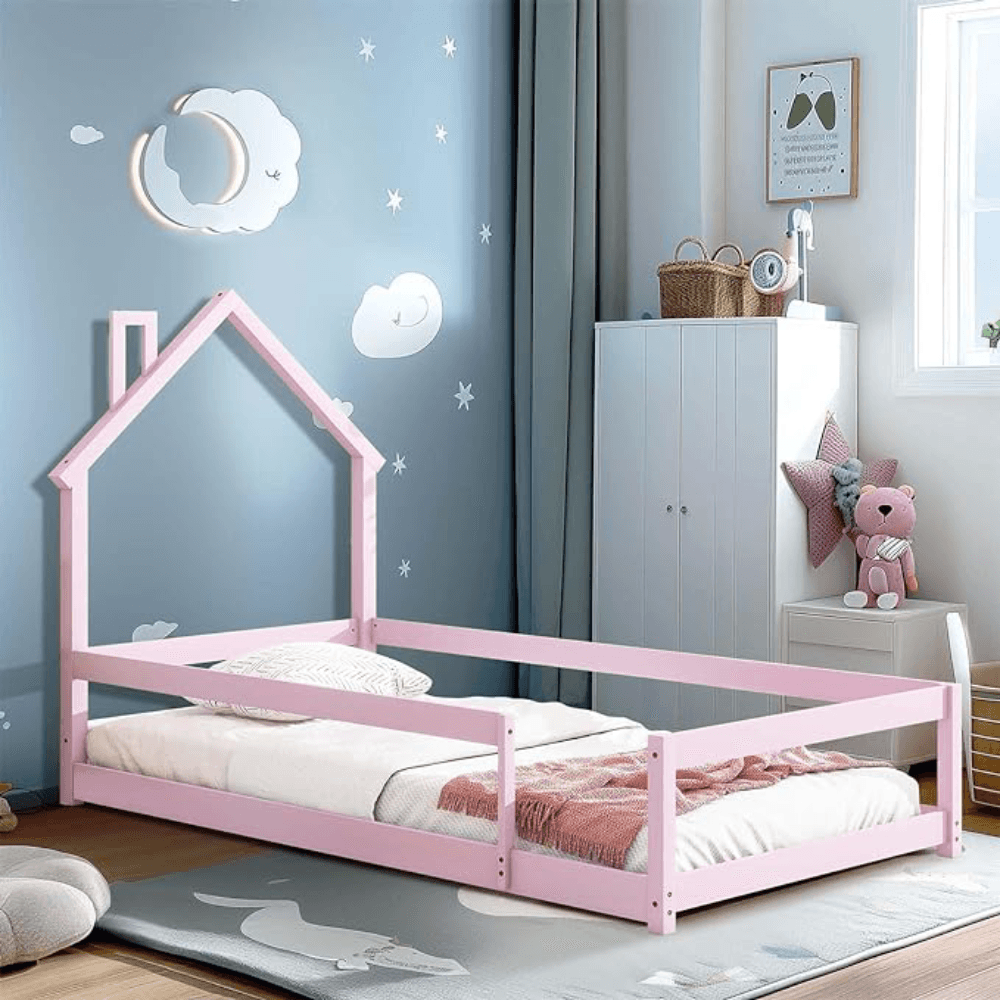 Montessori Tatub Twin Size House-Shaped Floor Bed With Fence Pink