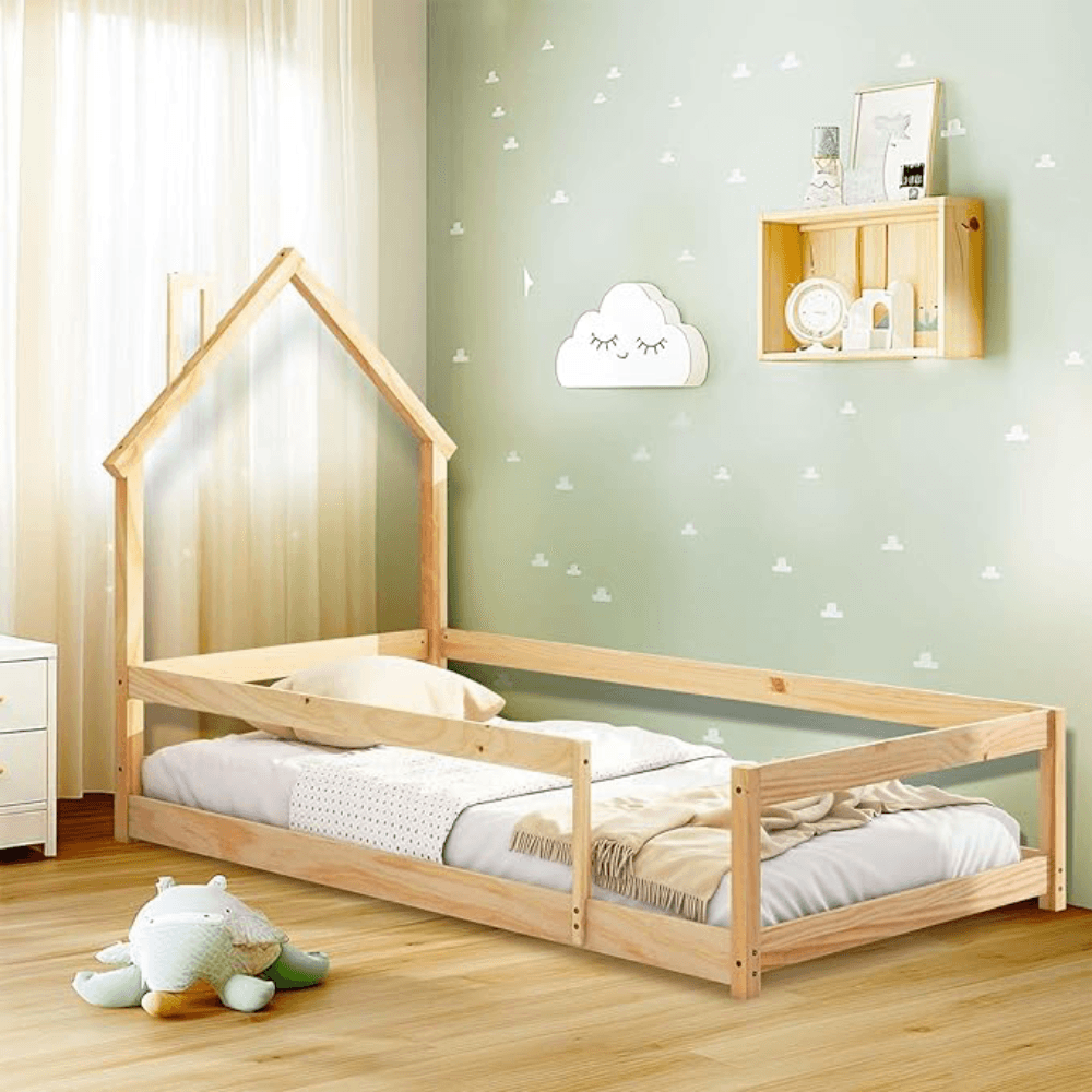 Montessori Tatub Twin Size House-Shaped Floor Bed With Fence Wood