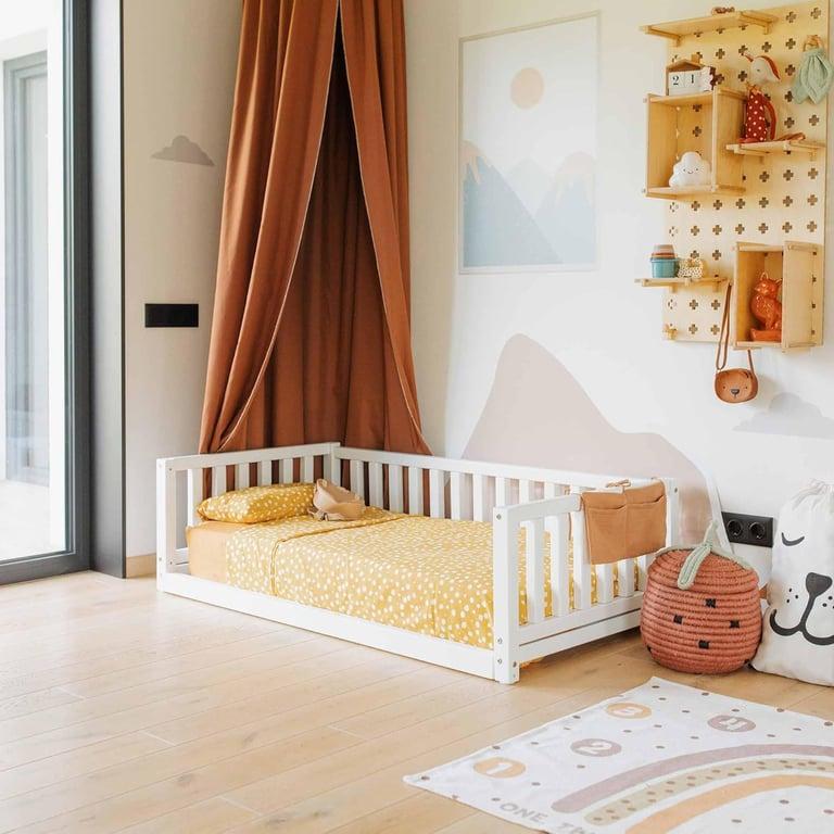 Montessori Sweet Home From Wood Floor Bed With Rails on 3 Sides Twin White