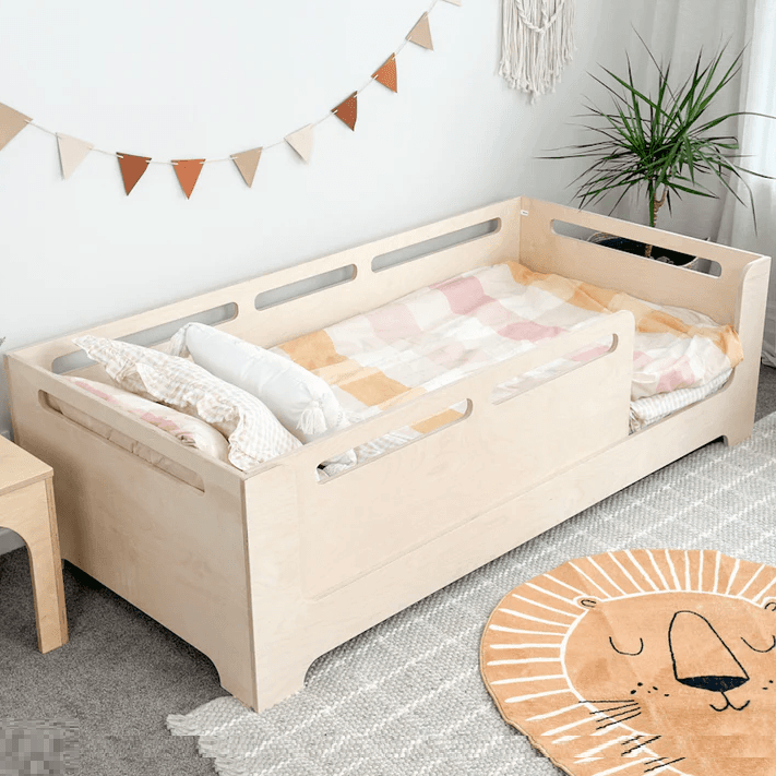 Montessori Magic of Wood Floor Bed With Cutouts & Removable Rail Single