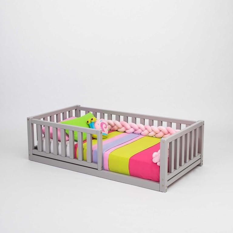 Montessori Sweet Home From Wood Floor Bed With Rails on 4 Sides Twin Gray