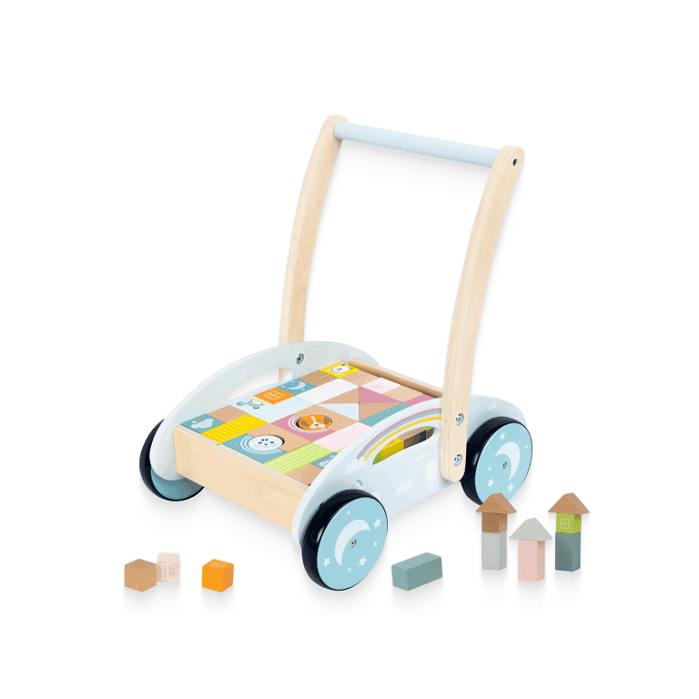 Montessori Woodenfun Wooden Push Walker With Building Blocks