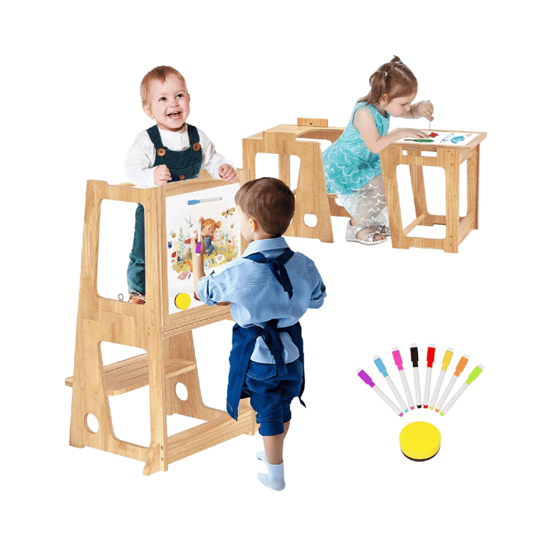 Montessori BueDeHai 4-in-1 Toddler Tower With Whiteboard Natural