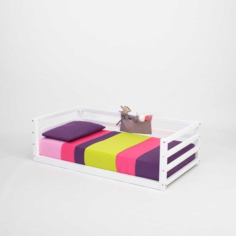 Montessori Sweet Home From Wood Montessori Floor Bed With Horizontal Rails on 3 Sides Twin White