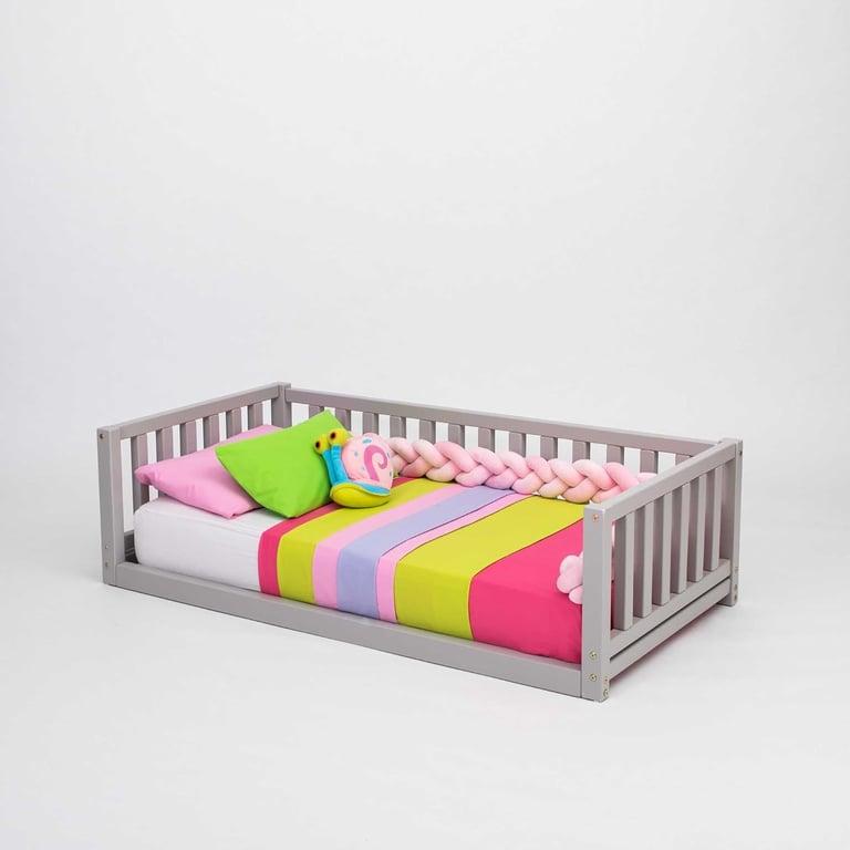 Montessori Sweet Home From Wood Floor Bed With Rails on 3 Sides Twin Gray