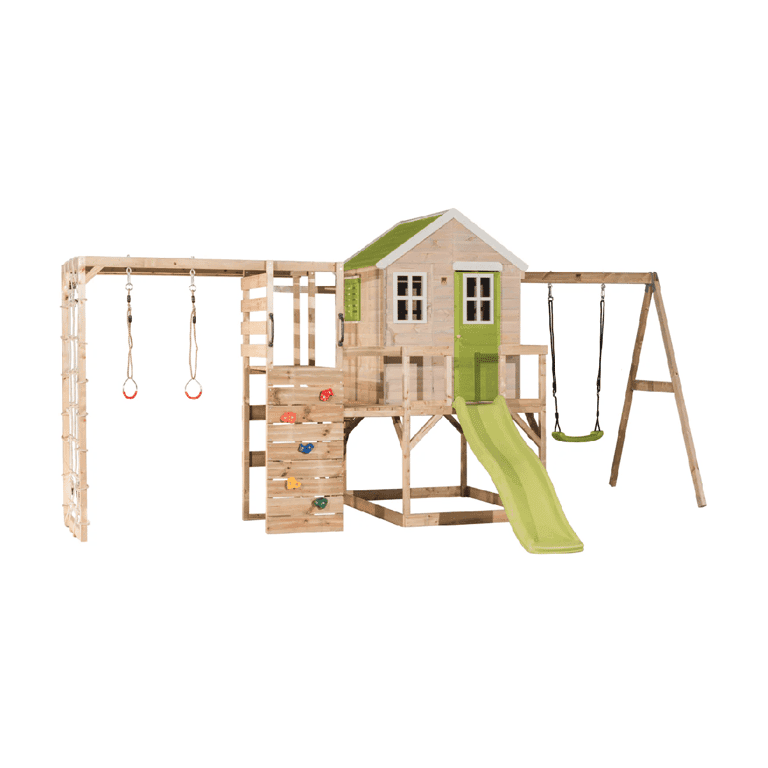 Montessori Wendi Toys My Lodge Swing Set With Platform, Slide, Single Swing, and Gym Attachment Lime