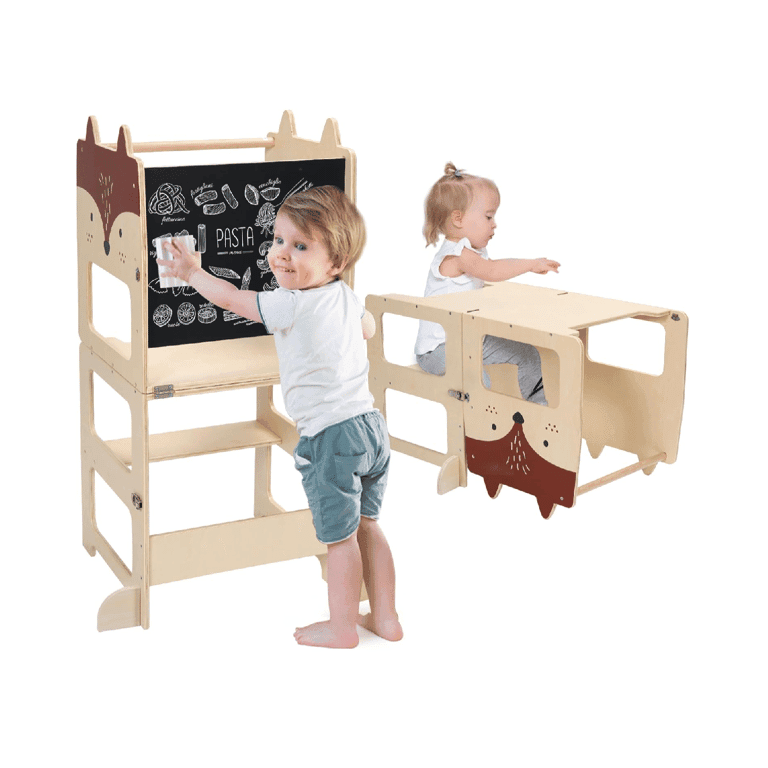 Montessori Jolie Valle Toys & Home 3-in-1 Toddler Tower With Chalkboard Fox