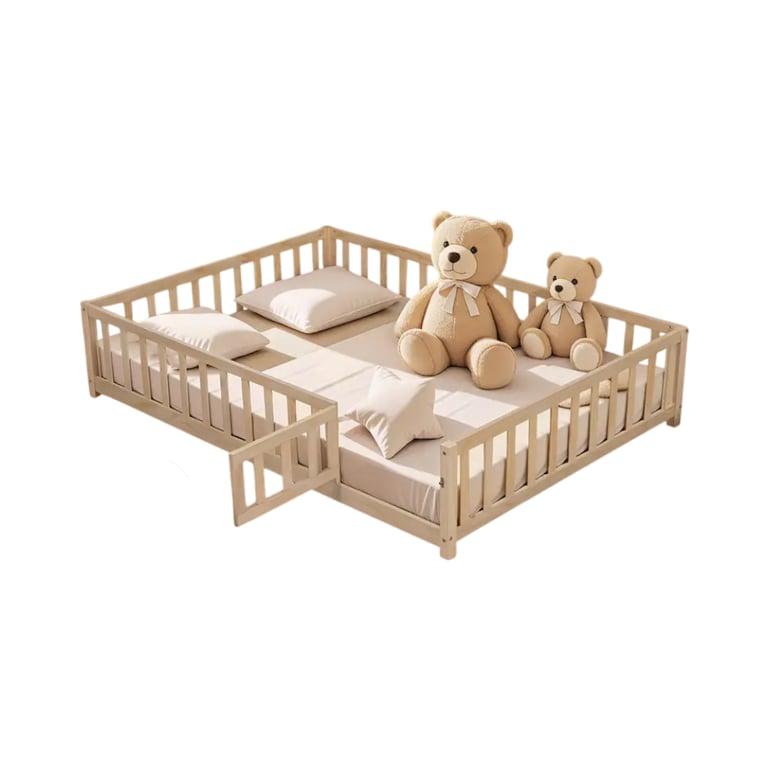 Montessori Bed Bath & Beyond Wooden Floor Bed With Fence-Shaped Guardrails, Slats, and Door Natural