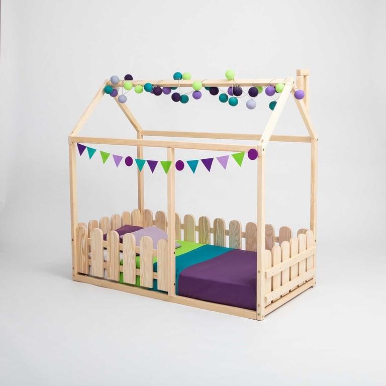 Montessori Sweet Home From Wood House-Shaped Floor Bed With Rails Single