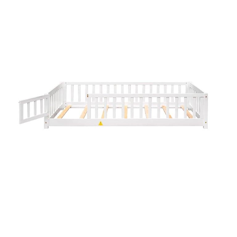 Montessori Meritline Twin Size Floor Bed Frame With Fence Railings, Door, and Slats White