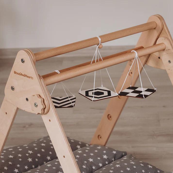 Montessori Wood and Hearts Baby Play Gym Small Foldable Triangle Natural Wood 4 Cards