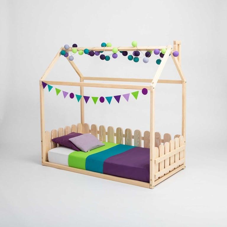 Montessori Sweet Home From Wood House-Shaped Floor Bed With Slats Twin Natural
