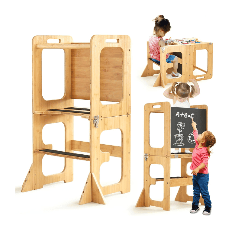 Montessori Asweets 4-in-1 Toddler Tower with Chalkboard Bamboo