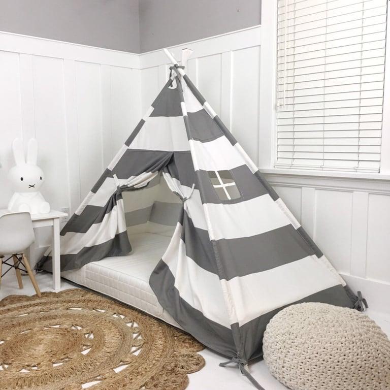 Montessori Domestic Objects Play Tent Canopy Twin Floor Bed in Grey and White Stripe With Doors