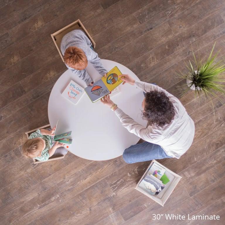 Montessori Sprout Kids Round School Tables White Laminate and Birch Two-Tone 14 x 48 Inches