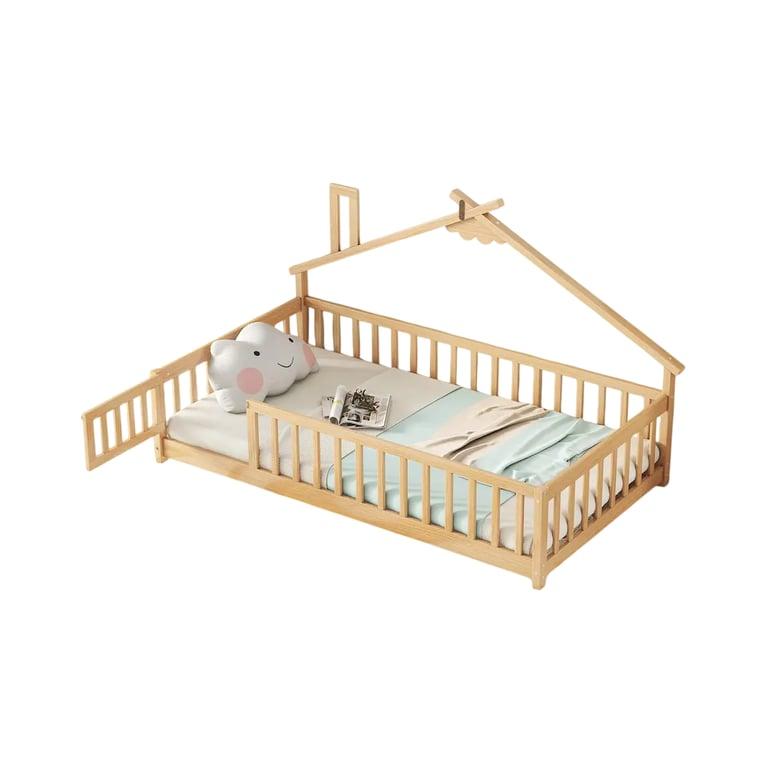 Montessori Bed Bath & Beyond Wooden Twin House-Shaped Floor Bed With Guardrails Natural