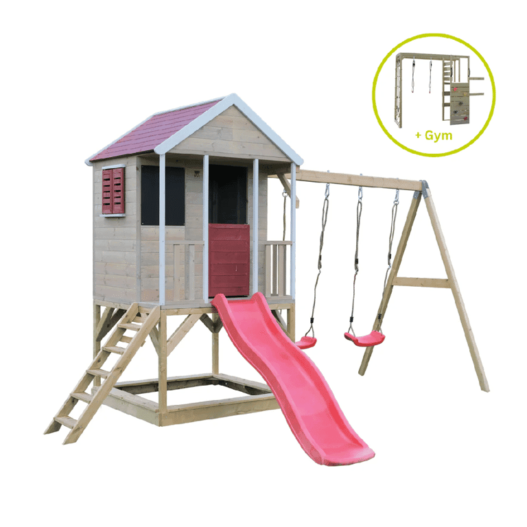 Montessori Wendi Toys Summer Adventure Swing Set With Platform, Slide, Double Swing, and Gym Attachment Red