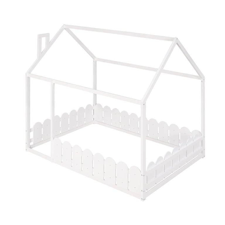 Montessori Bellemave Full Size Floor House Bed Frame With Fence White