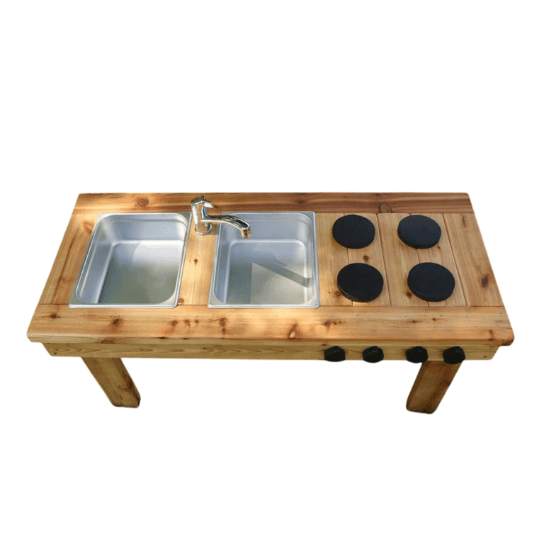 Montessori Noble Wooden Toys Simple Mud Kitchen With Working Sink, Steel Faucet, 1 Drain, and Stove, No Finish