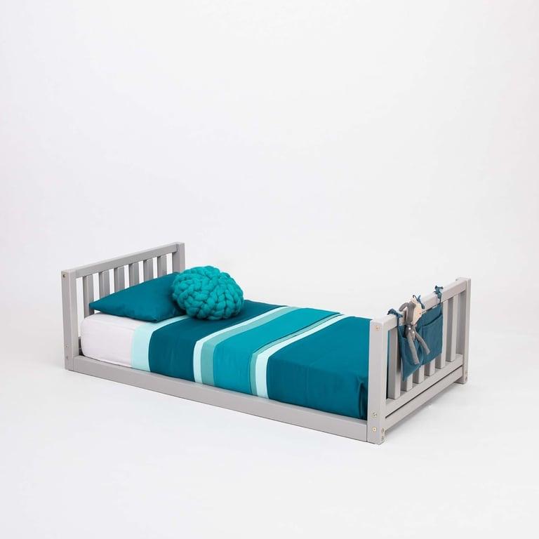 Montessori Sweet Home From Wood Floor Bed With Headboard and Footboard Twin Gray