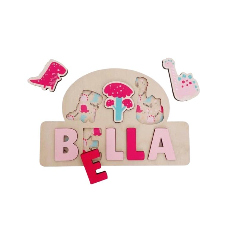 Montessori vellamaes Wooden Name Puzzle 5 Letters Dinosaur Pink