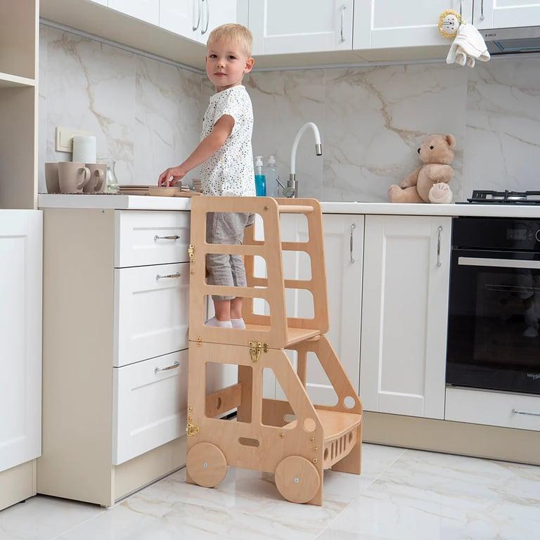 Montessori Wood and Hearts Convertible Kitchen Tower Natural Wood Truck