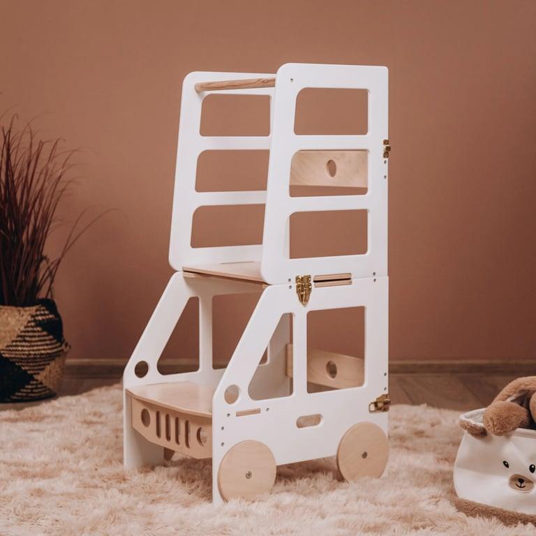 Montessori Wood and Hearts Convertible Kitchen Tower White + Natural Wood Truck