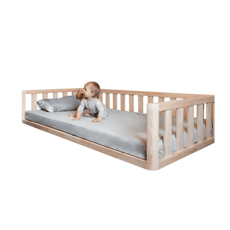 Montessori MandreleKids Twin Size Floor Bed No Front Railings With Rounded Outer Corners Natural