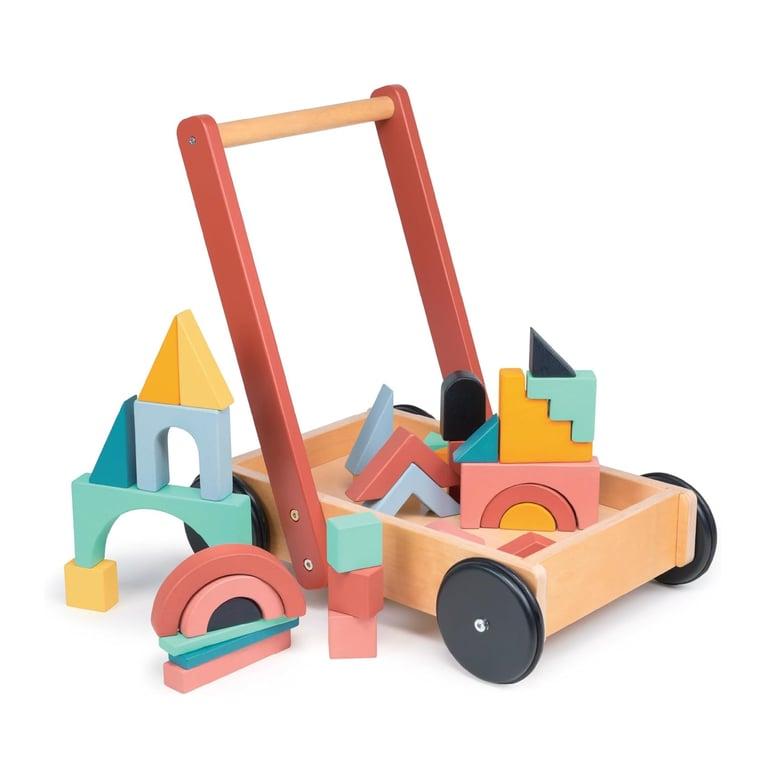 Montessori Mentari Bambino Wooden Push and Pull Cart With 34 Pieces Colorful Building Blocks