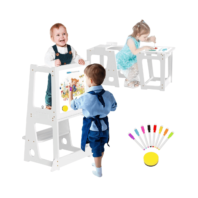 Montessori BueDeHai 4-in-1 Toddler Tower With Whiteboard White