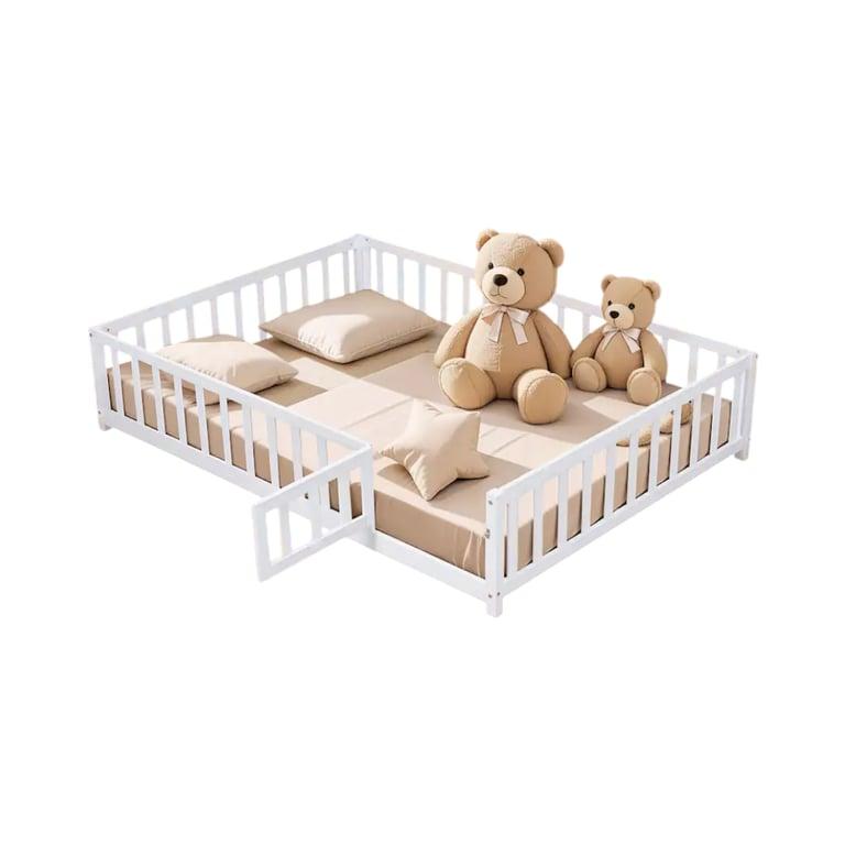 Montessori Bed Bath & Beyond Wooden Floor Bed With Fence-Shaped Guardrails, Slats, and Door White