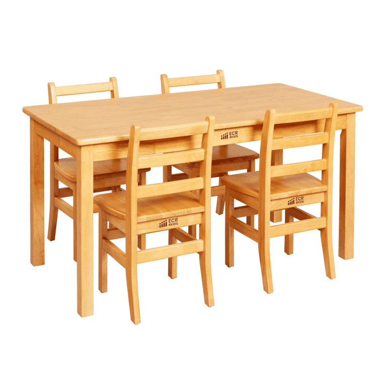 Montessori ECR4Kids Rectangular Hardwood Table With 24 Inches Legs and Four 14 Inches Chairs