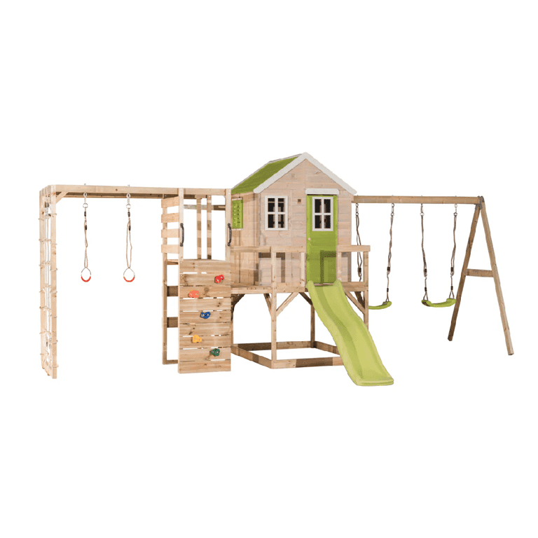 Montessori Wendi Toys My Lodge Swing Set With Platform, Slide, Double Swing, and Gym Attachment Lime