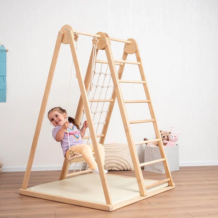 Montessori Wood and Hearts Climbing Triangle Frame Large With Two-sided Mat and Swing