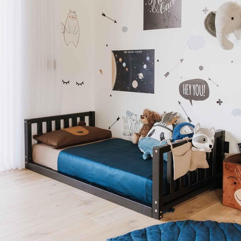 Montessori Sweet Home From Wood Floor Bed With Headboard and Footboard Twin Black