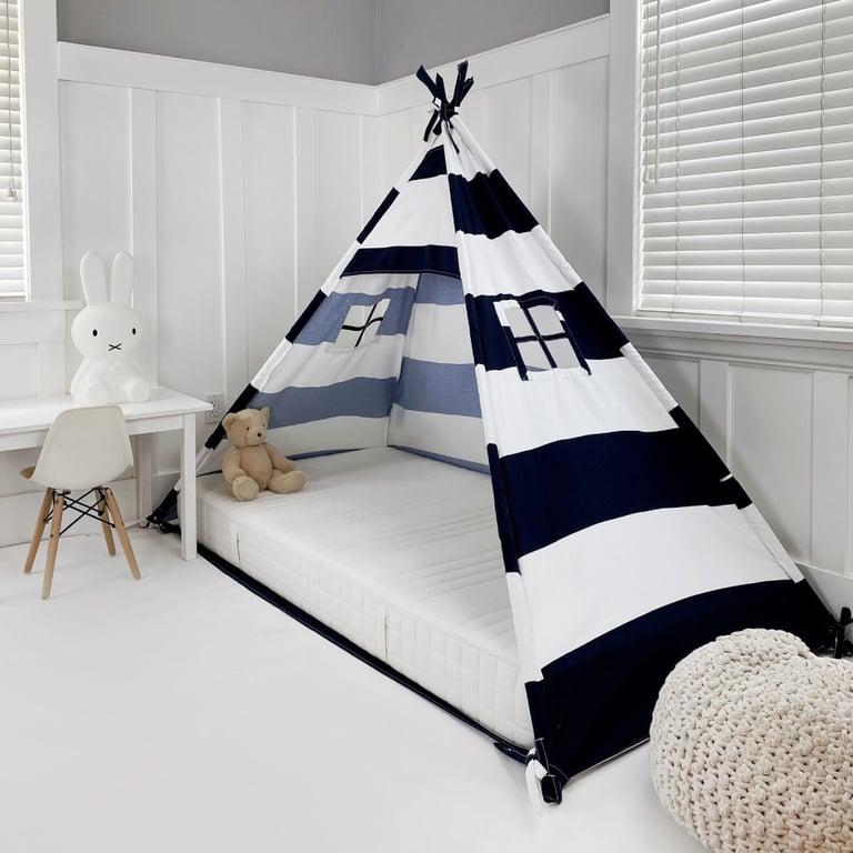 Montessori Domestic Objects Play Tent Canopy Twin Floor Bed in Navy Blue and White Stripe