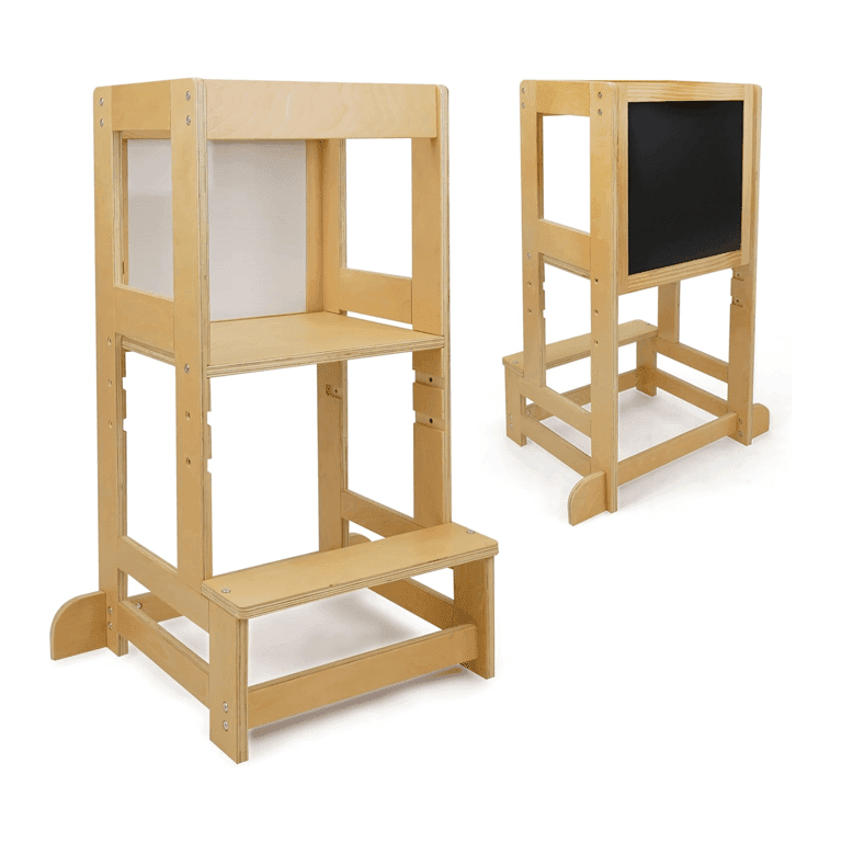 Montessori 509 Torro 2-in-1 Toddler Tower With Double-Sided Black Chalkboard and White Drywipe Board Natural