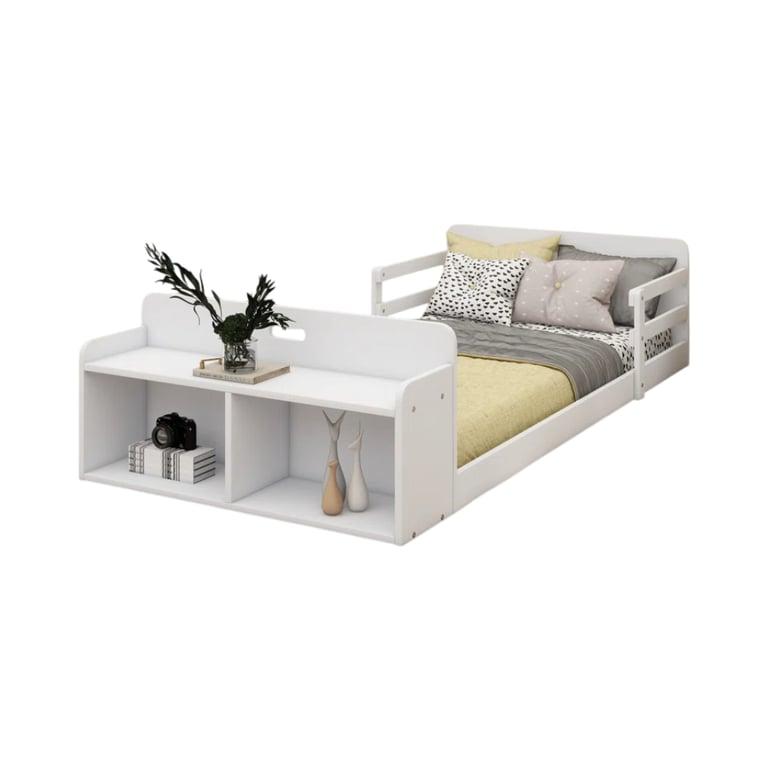 Montessori Ebern Designs Brecon Storage Wooden Twin Floor Bed With Headboard, Footboard, and Guardrail White