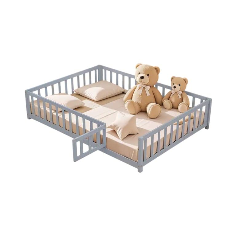 Montessori Bed Bath & Beyond Wooden Floor Bed With Fence-Shaped Guardrails, Slats, and Door Grey